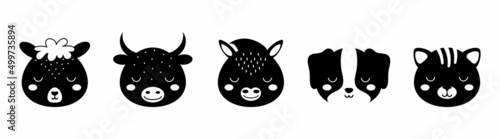 Black and white animal heads set of alpaca, bull, donkey, dog, cat. Animal faces in scandinavian style. Desing for kids t-shirts, wear, nursery decoration, greeting cards, other.