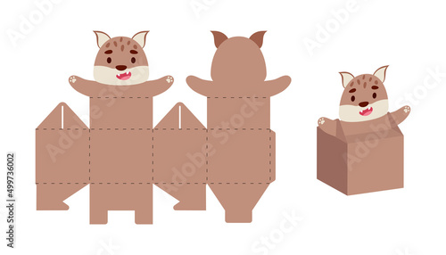 Simple packaging favor box lynx design for sweets, candies, small presents. Party package template for any purposes, birthday, baby shower. Print, cut out, fold, glue. Vector stock illustration