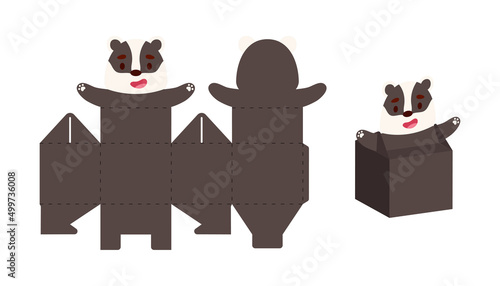 Simple packaging favor box badger design for sweets, candies, small presents. Party package template for any purposes, birthday, baby shower. Print, cut out, fold, glue. Vector stock illustration