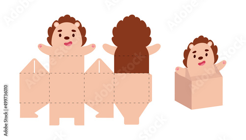 Simple packaging favor box hedgehog design for sweets, candies, small presents. Party package template for any purposes, birthday, baby shower. Print, cut out, fold, glue. Vector stock illustration