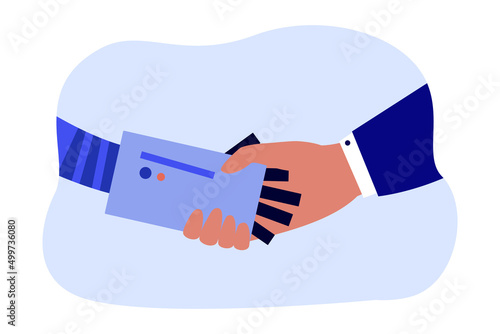 Businessman holding robot hand for handshake. Partnership and trust between person and android flat vector illustration. Technology, teamwork concept for banner, website design or landing web page