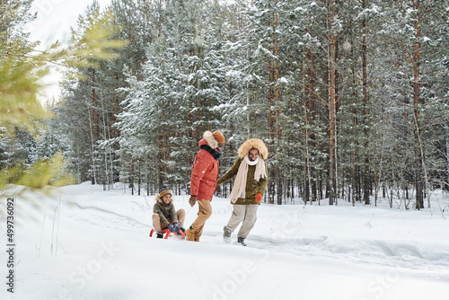 Fotografie Happy African American family of three sledging in winter forest at winter resor