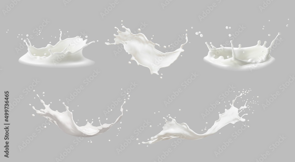 Realistic milk splashes or wave with drops and splatters. Liquid swirls and drips in shape of crown, liquid flow streams. Milky or dairy fresh product realistic 3d elements isolated set - obrazy, fototapety, plakaty 