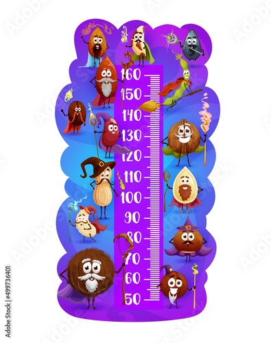 Kids height chart, cartoon magician nuts and wizard seeds growth meter. Vector ruler sticker of children height with scale, almond and peanut, coffee bean and hazelnut, walnut and coconut, cashew