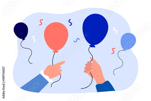 Hands of people holding balloons among confetti. Happy man and woman celebrating at fun holiday party flat vector illustration. Celebration concept for banner, website design or landing web page
