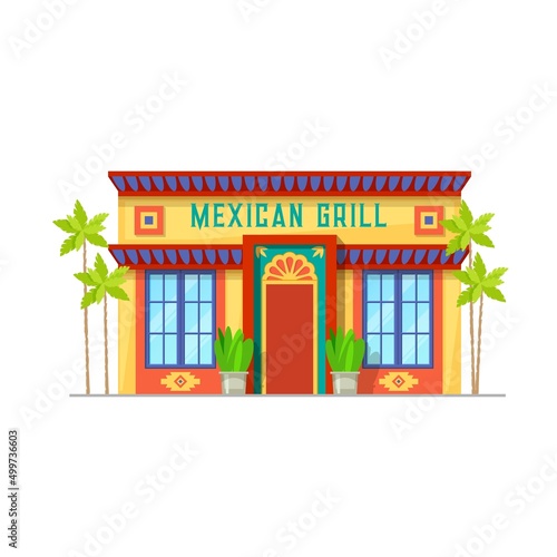 Mexican cuisine restaurant building icon. Mexican fast food, grill cafe vector facade, mexican cuisine food street restaurant entrance door with ethnic ornaments on walls