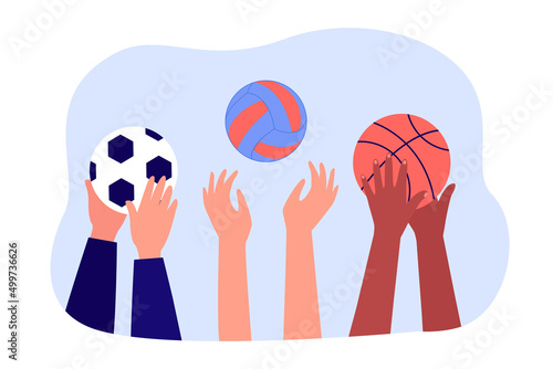 Players hands holding balls for football, basketball, volleyball. Group of people playing team games flat vector illustration. Sport, recreation concept for banner, website design or landing web page