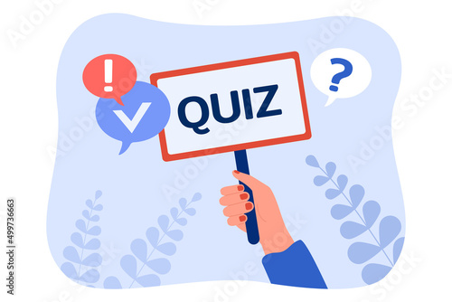 Hand holding simple sign with quiz word. Announcement of questionnaire, test questions by person flat vector illustration. Competition, exam concept for banner, website design or landing web page