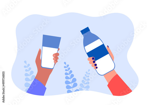 Hands holding bottle of milk and glass. Man and woman drinking healthy beverage with vitamins, calcium flat vector illustration. Nutrition, diet concept for banner, website design or landing web page