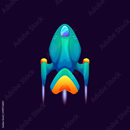 Takeoff of cartoon starship isolated futuristic kids toy, galaxy space starship, game asset. Vector cosmic shuttle, galaxy explorer craft, launch of ute booster fantasy vehicle, starship spacecraft