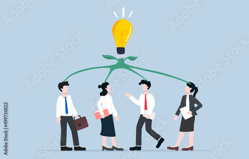 Brainstorming to finding best idea for business, teamwork, collaboration, colleague meeting to grow creativity and draw conclusion concept. Bright light bulb idea growing from heads of employees. 