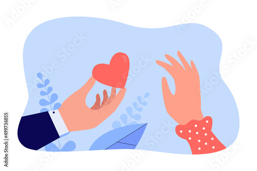 Mans hand giving heart gift to woman. Rejection of girl on date flat vector illustration. Mistake and end of love, lovesickness, breakup concept for banner, website design or landing web page