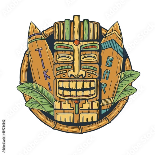 Surfing board and tiki mask with tropical leavs for tiki bar. Exotic hawaii mask, surf and surfboard for summer or tropic beach