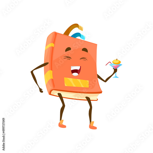 Happy textbook in orange hardcover, hair of bookmark isolated funny cartoon character with cocktail drink. Vector smiling fairytale book, textbook for kids children, school or university encyclopedia