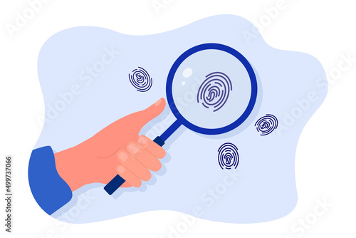 Man looking through magnifying glass at fingerprints. Hand holding loupe for identification flat vector illustration. Identity, evidence concept for banner, website design or landing web page