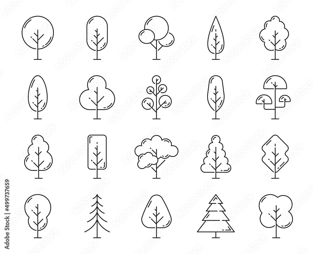 Forest tree and plant outline icons. Isolated garden and park trees thin line pictogram set, ecology and environment plants vector symbols, nature flora and botany minimal signs, trees thin line icons
