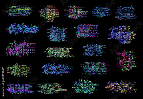 TV color pixel noise glitch, monitor signal decay and screen bugs. VHS video error glitch, cassette collapse or television broadcast signal lost, monitor glitch vector effects set with color pixels