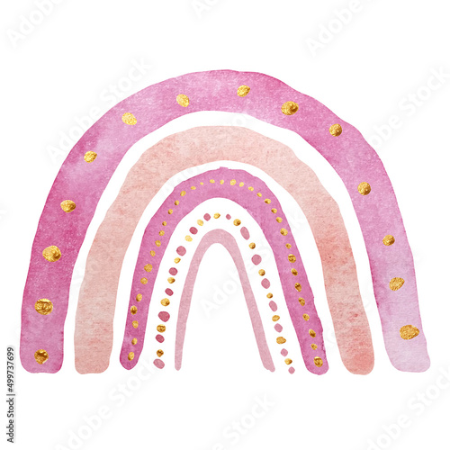Watercolor nursery pink and beige rainbow in scandinavian boho style for baby girl with gold elements.