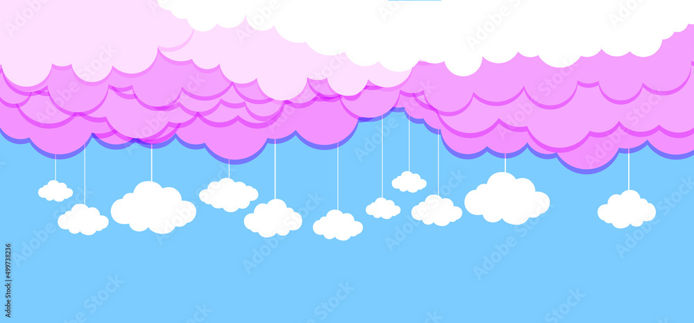 sky with clouds design. Beautiful fluffy clouds on the blue sky background. Paperwhite clouds on blue. Clouds on blue sky banner