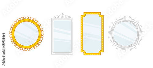 Silver and gold wall mirrors with retro ornaments in different shapes.