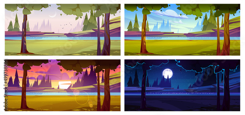 River with rocky shore, green grass and trees at different time of day. Vector cartoon illustration of summer landscape, countryside with water stream in early morning, night, sunset, and noon