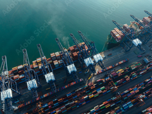Aerial view of container terminal sunrise
