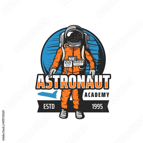 Astronaut academy icon, spaceman and orbital station or spacecraft staff training center, vector emblem. Galaxy rocket and shuttle spaceship education for spaceflights to galactic orbit exploration