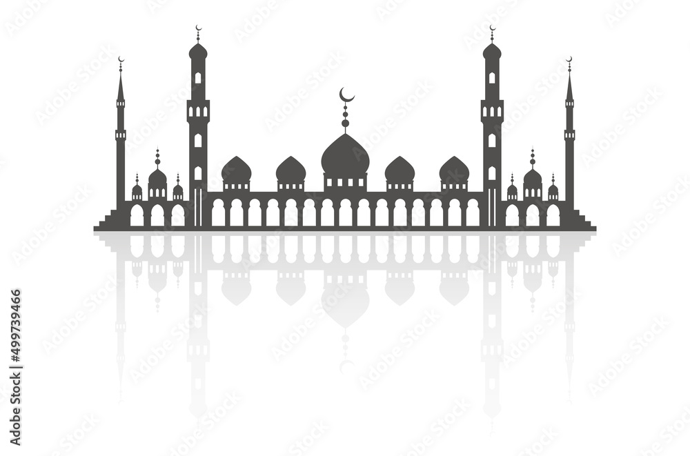 Fototapeta premium Mosque with minarets on skyline. Islamic architecture silhouette. Istanbul cityscape with reflection isolated on white background.