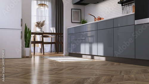 Realistic 3d render perspective low angle shot of modern kitchen in studio apartment with arch opening wall and dinning table in background. Flooring, Parguet, Cleaning products overlay, Display.