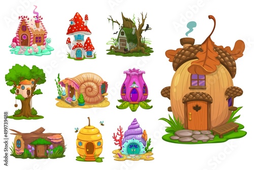 Cartoon fairytale fantasy houses and dwellings of dwarfs or gnomes, vector funny huts. Kids fairy tale mushroom and flower, beehive or acorn, caramel, snail and log, shell house
