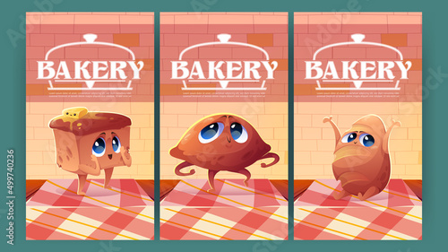 Bakery posters with cute patty and bread loaves characters. Vector vertical banners of bakery shop with cartoon illustration of happy fried pie, bread and bun with butter on table in cafe or store
