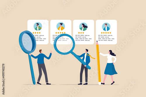Recruitment hiring process to choose candidate to fit job position, HR Human Resources recruiting people fill in vacancy concept, business people HR with magnifier to choose choose candidate resume. photo