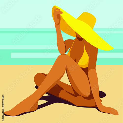 vector image on the theme of summer holidays. a tanned girl in a yellow swimsuit poses on the beach in a hat, sunbathes, rests, relaxes in a tropical resort against the backdrop of the sea or ocean.
