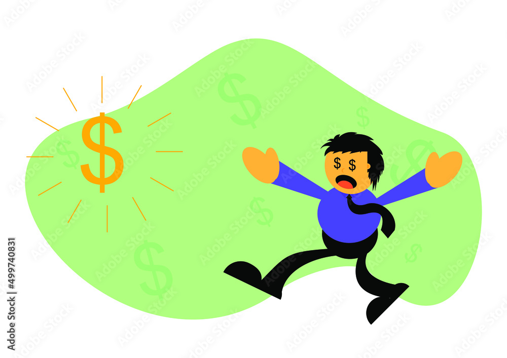 Vector illustration of businessman cartoon character graphic in pursuit of money. Commonly used for all content about 