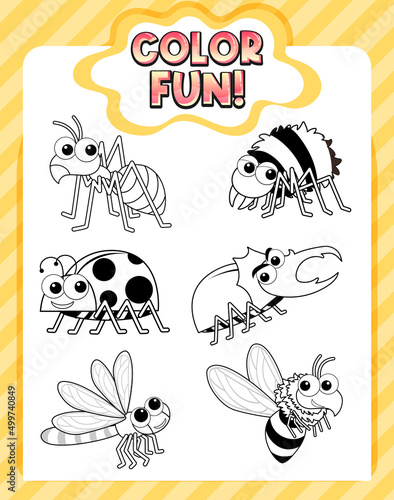 Worksheets template with color fun text and insect outline