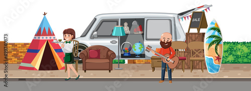 Man playing guitar at yard sale