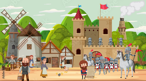 Medieval town scene with villagers