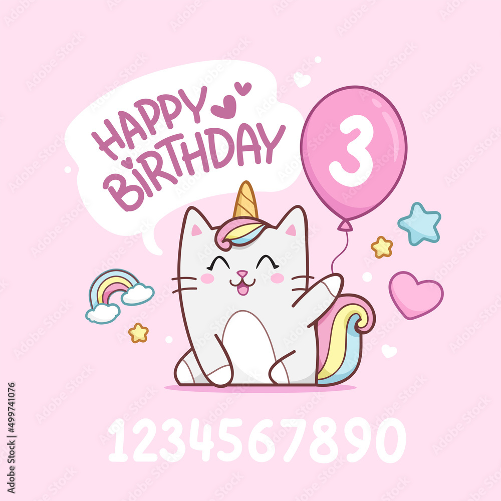 Cute baby Caticorn kitten or Cat Unicorn on 3 years happy birthday card template. Happy birthday card design with set of numders years. Unicorn cat with congratulations and a balloon in hand Cute baby Caticorn kitten or Cat Unicorn on 3 years happy birthday card template. Happy birthday card design with set of numders years. Unicorn cat with congratulations and a balloon in hand