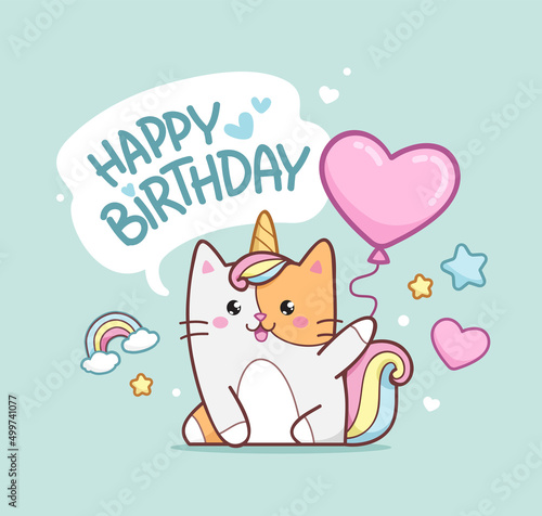Photography Cute baby Caticorn kitten or Cat Unicorn on happy birthday card template