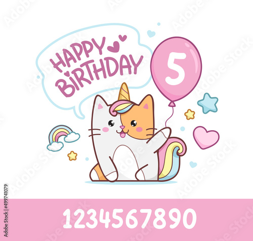 Canvas Print Cute baby Caticorn kitten or Cat Unicorn on 5 years happy birthday card template