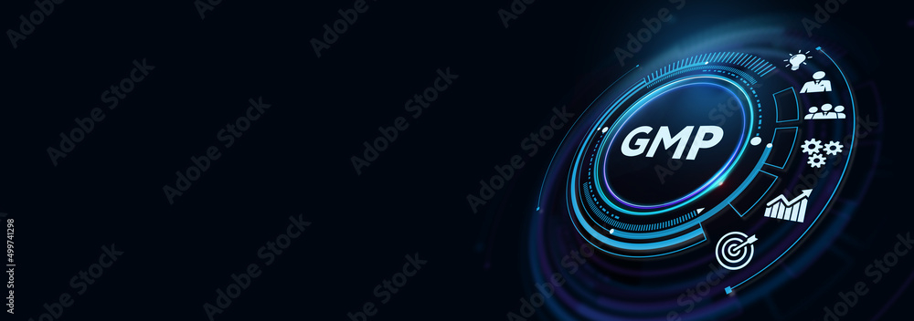 Good manufacturing practice certification quality control on virtual screen. GMP. 3d illustration Good manufacturing practice certification quality control on virtual screen. GMP. 3d illustration
