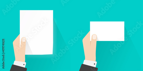 Sheet paper blank in hand or person man holding business visiting card document empty for presentation showing flat cartoon illustration isolated