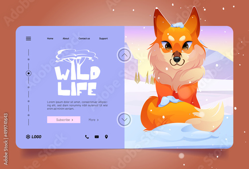 Wildlife banner with cute red fox on white snow in winter. Vector landing page of wild life concept with cartoon illustration of snow field landscape with beautiful animal with fluffy tail