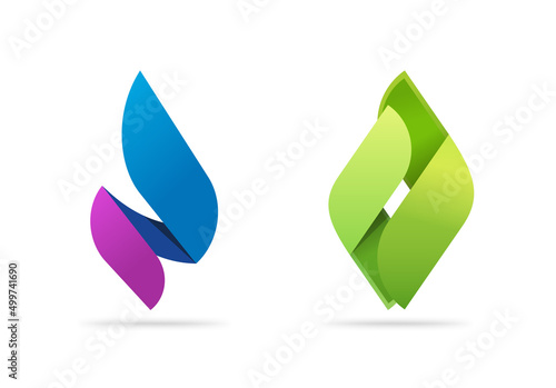 Tablou canvas Flame logo of gas fire blue vector or eco biogas energy spear icon green color 3