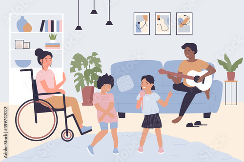 Happy people spend fun time at home together. Young father playing guitar on sofa, kids play game, mother sitting in wheelchair in hygge Scandinavian interior flat vector illustration. Family concept