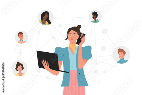 Cute girl with laptop speaking with her people network. Social connection and internet communication flat vector illustration