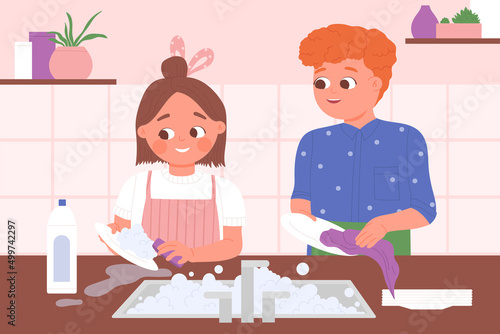 Kids wash dishes in kitchen vector illustration. Cartoon girl in apron washing dirty plate with sponge, boy wiping, cute siblings help mom in household hores background. Housework, routine concept