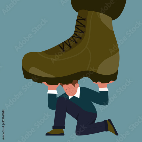 Businessman under giant military boot of army soldier. Violence of dictators towards tiny man, big shoes crush business people flat vector illustration. Freedom, tyranny, dictatorship concept