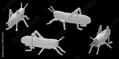 Grasshopper made from cubes. Voxel art. Futuristic concept. 3d Vector illustration. Dimetric projection.