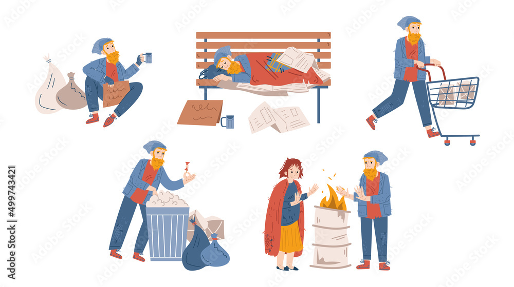 Obraz premium Homeless people, beggars male and female characters begging money, bums wear ragged clothing pick up garbage on street, sleep on bench, warm at barrel. Refugee need help, Linear vector illustration